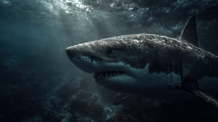 A stunning portrayal of a great white shark swimming serenely through dark ocean waters, illuminated by filtering sunlight, showcasing the beauty and power of marine life.の素材