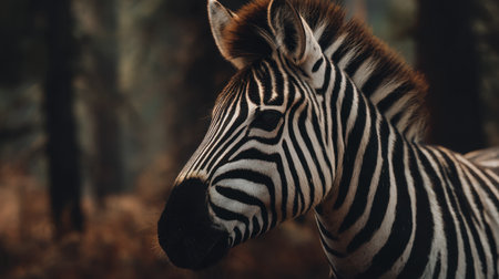 A captivating close-up of a zebra head, showcasing its striking black and white stripes against a softly blurred forest background, evoking a serene atmosphere.の素材