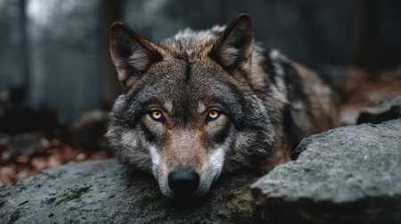 A captivating close-up of a wolf's face revealing its intense eyes and intricate fur details. The setting showcases its natural rocky surroundings, emphasizing the wolf's majestic beauty in the wild.の素材