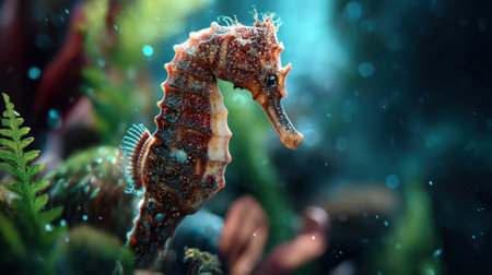 A stunning close-up image of a seahorse gracefully positioned among lush underwater vegetation. The vibrant colors and intricate details capture the beauty of marine life, offering a glimpse into the serenity of ocean habitats.の素材