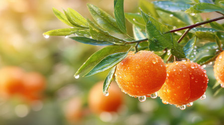 Close-up view of ripe oranges adorned with water droplets on a branch, set against a sunlit garden background, emphasizing freshness and natural beauty.の素材