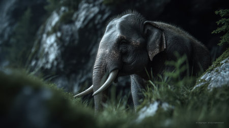 An awe-inspiring close-up of an elephant surrounded by lush greenery and rocky outcrops, capturing the beauty of wildlife in its natural habitat, perfect for nature enthusiasts.の素材