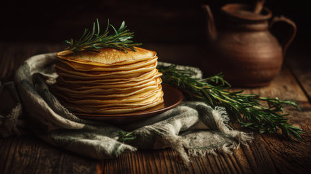 A stack of golden pancakes elegantly garnished with fresh rosemary sits on a rustic wooden table, creating a cozy and inviting atmosphere perfect for breakfast or brunch.の素材