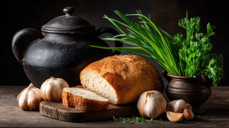 This warm and inviting scene features a rustic bread loaf, fresh garlic, and vibrant herbs alongside traditional cookware, inspiring culinary creativity.の素材