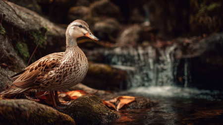 A close-up image of a serene duck standing by a gentle stream, surrounded by natural elements, creating a peaceful atmosphere in the wild.の素材