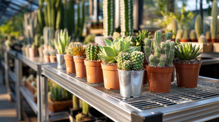 A stunning assortment of various succulent plants arranged in a modern greenhouse, showcasing their vibrant colors under warm sunlight, perfect for gardening enthusiasts.の素材