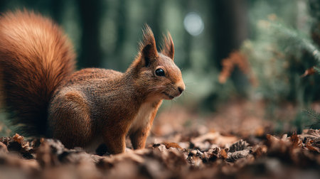 A charming brown squirrel pauses amidst fallen autumn leaves, surrounded by a serene forest backdrop, showcasing its natural beauty and curiosity.の素材