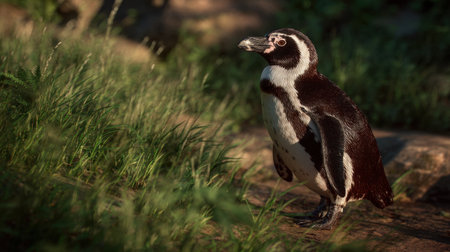 A charming African penguin stands gracefully in the lush grass, basking in the soft sunlight, showcasing the beauty of wildlife in a natural setting.の素材