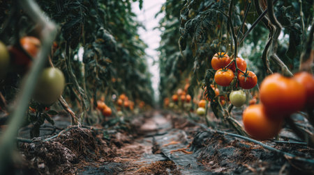 Experience the vibrant world of tomato cultivation in a greenhouse filled with lush plants bearing ripe and unripe fruits among rich green foliage.の素材
