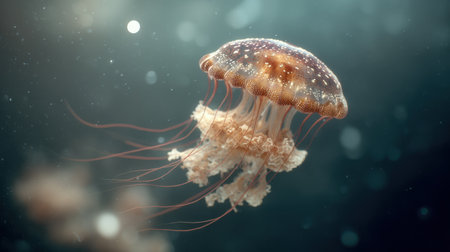 An enchanting jellyfish gracefully swims through the ocean, showcasing its delicate tentacles. The soft, glowing background creates a serene atmosphere, highlighting the beauty of marine life in a tranquil underwater scene.の素材