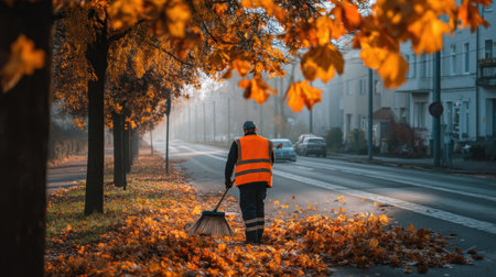 A dedicated worker in bright attire sweeps colorful fallen leaves along a quiet street on a foggy autumn morning, showcasing nature's beauty.の素材