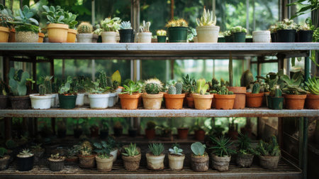 Explore a delightful assortment of potted cacti and succulents showcased in a greenhouse, emphasizing the beauty of diverse plant life.の素材