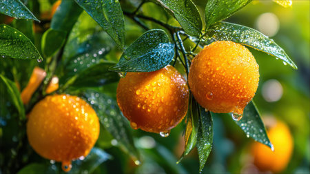 Capture the essence of nature with beautiful oranges hanging from a vibrant tree branch. Water droplets glisten in the sunlight, highlighting freshness.の素材