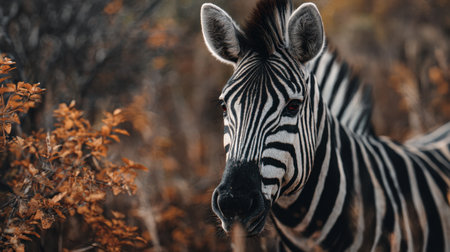 Captivating close-up of a zebra showcases its distinctive stripes against a backdrop of vibrant autumn foliage, revealing nature's stunning beauty.の素材