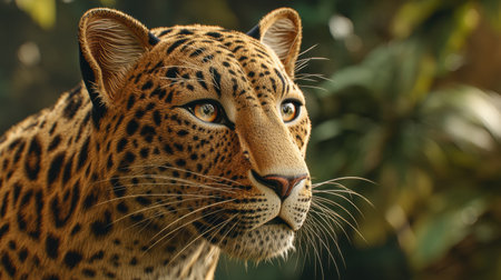 Examine the captivating close-up of a leopard in the jungle, showcasing its intricate spots and stunning fur texture, creating a striking wildlife portrait.の素材