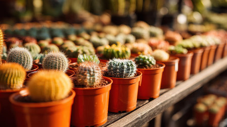 A stunning array of small cacti in terracotta pots showcases diverse shapes and colors, perfect for enhancing indoor or outdoor spaces with a touch of nature's artistry.の素材