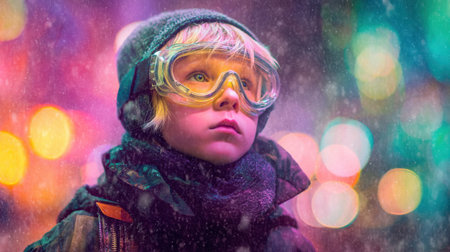A young child dressed warmly in winter gear gazes upward, captivated by colorful lights and gentle snowfall in an enchanting urban setting.の素材