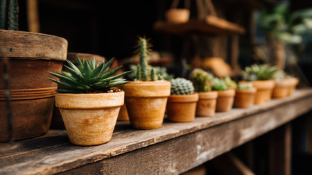 A charming collection of various succulent plants in terracotta pots arranged neatly on a rustic wooden shelf, showcasing nature's beauty.の素材