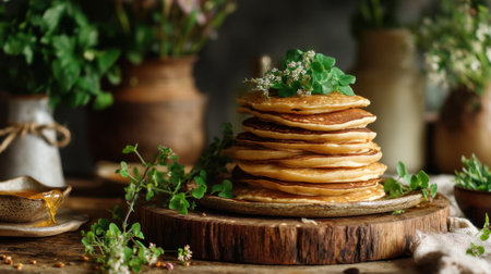 A mouthwatering stack of homemade pancakes is artistically arranged on a rustic wooden surface, adorned with fresh herbs and delicate flowers, evoking a cozy dining atmosphere.の素材