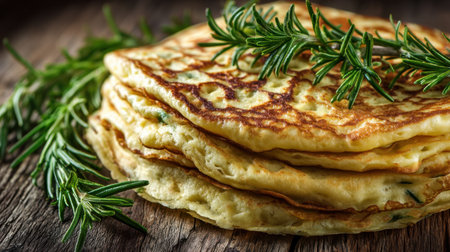 Discover a mouthwatering stack of fluffy herb pancakes adorned with fresh rosemary. This rustic presentation invites a delicious culinary experience perfect for breakfast or brunch.の素材