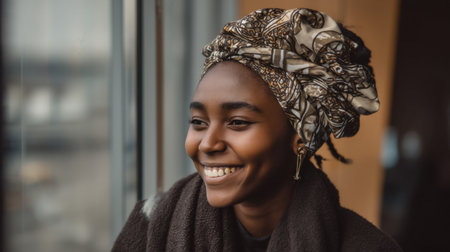 A radiant young woman with a stylish head wrap smiles beautifully by the window, embodying joy and positivity in a serene indoor environment.の素材
