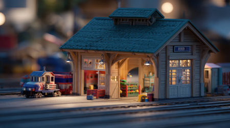 Explore a beautifully crafted miniature train station showcasing intricate details, vibrant colors, and a captivating layout perfect for hobbyists and enthusiasts.の素材