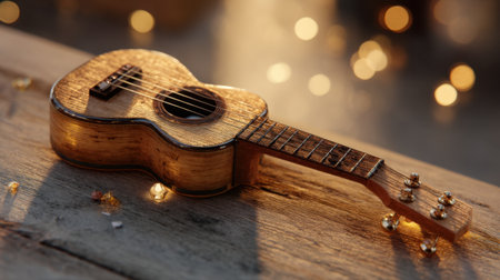 A beautifully crafted wooden ukulele rests on a rustic surface, glimmering under warm light with soft bokeh, embodying artistic charm and musical passion.の素材