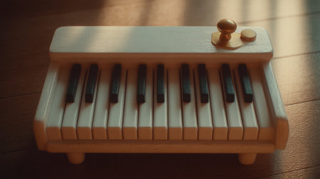 A charming wooden toy piano featuring black and white keys, softly illuminated by warm natural light. Perfect for children's play and musical discovery.の素材
