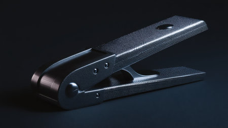 This image features a stylish metal stapler with a textured surface and smooth finish, set against a dark background, ideal for office and stationery themes.の素材