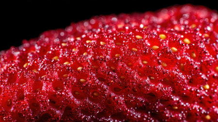 This close-up image captures the vibrant texture of a ripe red strawberry, showcasing the juicy surface and distinctive seeds against a dark backdrop.の素材