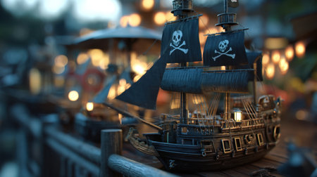 This enchanting image showcases a detailed miniature pirate ship at twilight, illuminated by glowing lanterns, creating a captivating nighttime atmosphere.の素材
