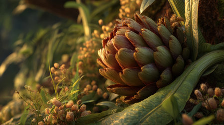 A stunning close-up of an artichoke nestled among vibrant green leaves illuminated by gentle sunlight. This natural scene captures the beauty of growth and freshness in a lush environment.の素材