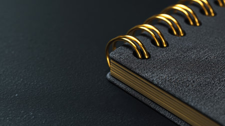A close-up view of a spiral bound notebook featuring gold coils against a sleek black background. Ideal for showcasing modern stationery and organization.の素材
