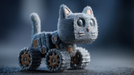 This charming cat robot toy features a unique design made from soft fabric and wooden parts, perfect for imaginative play and decoration.の素材