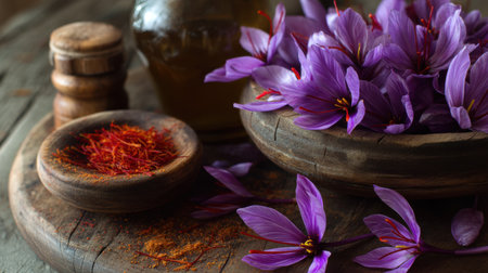 A beautiful arrangement of vibrant purple saffron flowers alongside saffron spice, wooden bowls, and an olive oil bottle on a rustic table.の素材