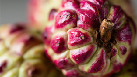 This close-up image showcases the unique texture and vibrant colors of fresh cherimoya fruit, perfect for promoting healthy eating and culinary uses.の素材