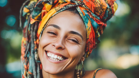 A joyful woman with a bright smile and colorful headwrap radiates happiness in an outdoor environment. The warm sunlight enhances her natural beauty.の素材