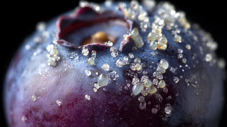 A stunning close-up photograph featuring a blueberry adorned with sparkling sugar crystals against a dark backdrop, showcasing its natural beauty and texture.の素材