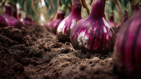 Close-up view of fresh red onions thriving in rich, dark soil on a farm, showcasing organic agriculture and the beauty of nature.の素材