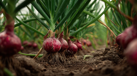 Close-up view of red onions growing in rich soil, showcasing vibrant green foliage and healthy crops in a natural light setting. Perfect for agricultural and food-related themes.の素材