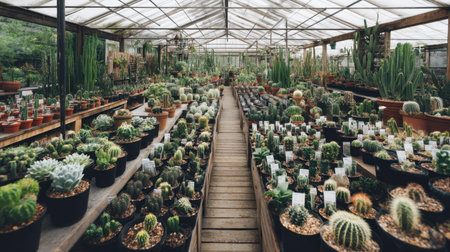 Explore a vibrant indoor cactus nursery filled with various succulent plants displayed in pots, creating a serene and lush environment.の素材
