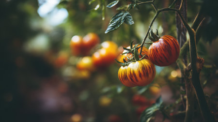 Vibrant heirloom tomatoes hanging on vines capture the essence of a lush garden. The soft natural light enhances their bright colors, inviting a closer look at these organic vegetables. Perfect for culinary and gardening themes.の素材