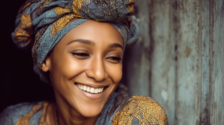 A woman with a vibrant head wrap smiles warmly against a rustic wooden background. The image captures her natural beauty and joyful spirit, evoking feelings of happiness and confidence.の素材