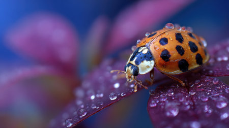 A stunning close-up photo of a ladybug resting on a purple leaf, showcasing intricate details and droplets of dew on the surface.の素材