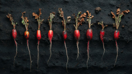 A captivating display of freshly harvested red radishes with their roots, set against a dark soil backdrop, showcasing organic farming beauty.の素材