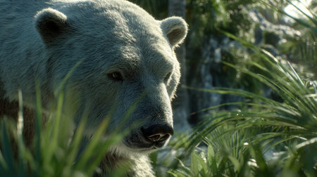 This captivating image features a close-up view of a bear nestled among lush greenery, with a gentle waterfall in the background, showcasing wildlife in its tranquil habitat.の素材