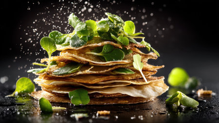 This captivating image features a stack of crispy flatbreads layered with fresh greens, garnished with a sprinkle of salt, highlighting culinary artistry.の素材