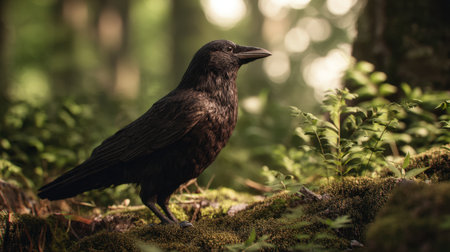 A striking black bird stands elegantly amidst a lush forest, highlighting the beauty of wildlife in a serene and natural habitat.の素材