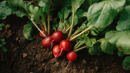 A cluster of freshly harvested radishes rests on rich dark soil, surrounded by vibrant green leaves, capturing the essence of healthy gardening.の素材