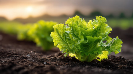 A vibrant green lettuce plant emerges from rich soil in a beautiful field. The soft focus background reveals a stunning sunset, creating an ideal setting for showcasing healthy living and organic farming.の素材